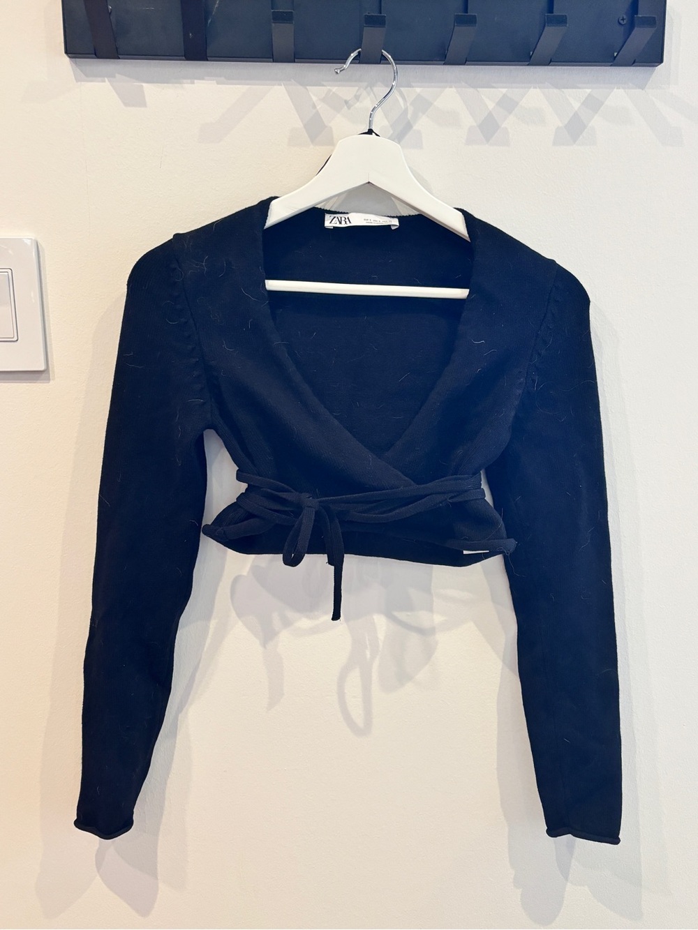 Zara Black Wrap-Front Long Sleeve Crop Top with Tie